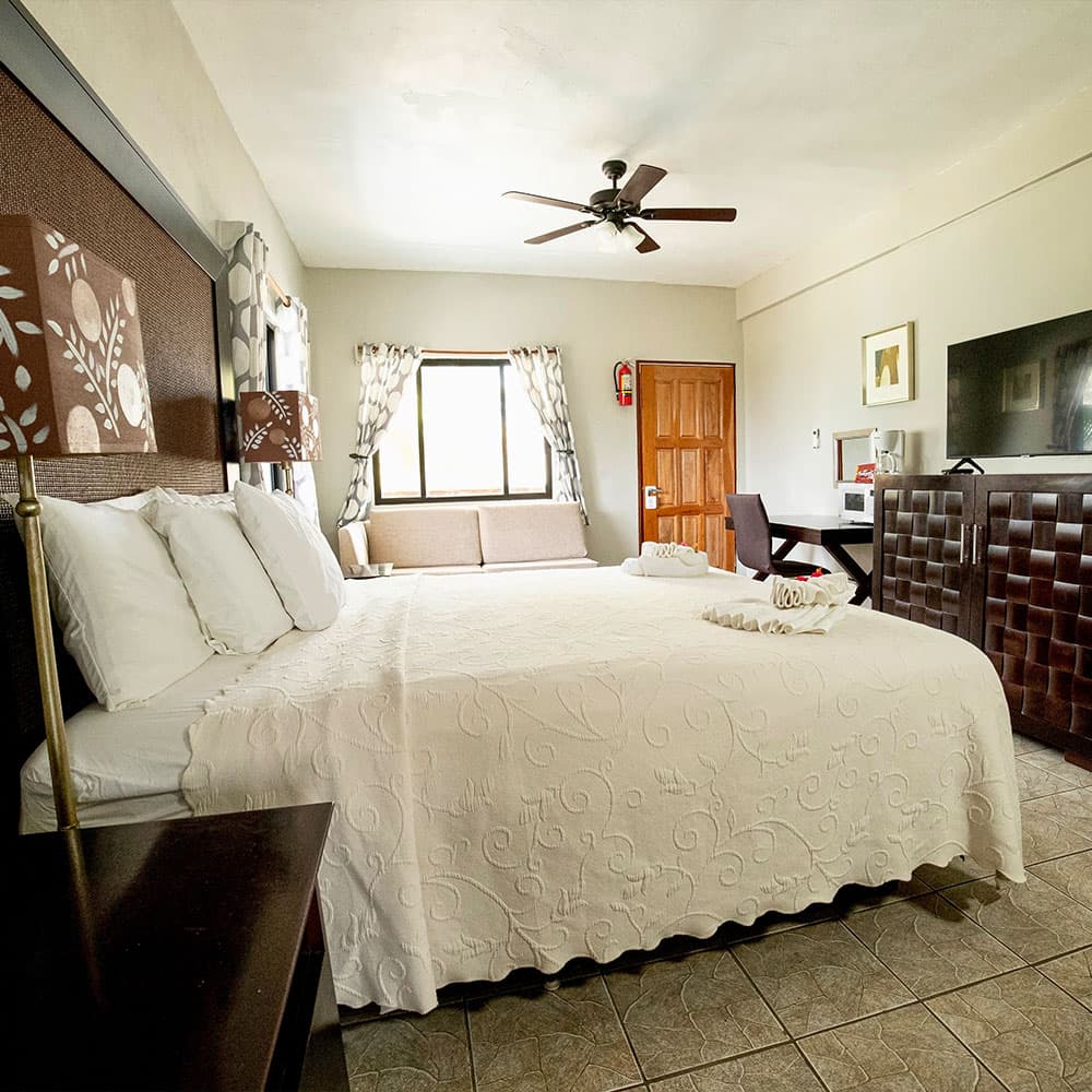 A cozy hotel room featuring a queen bed, a seating area, and modern amenities.